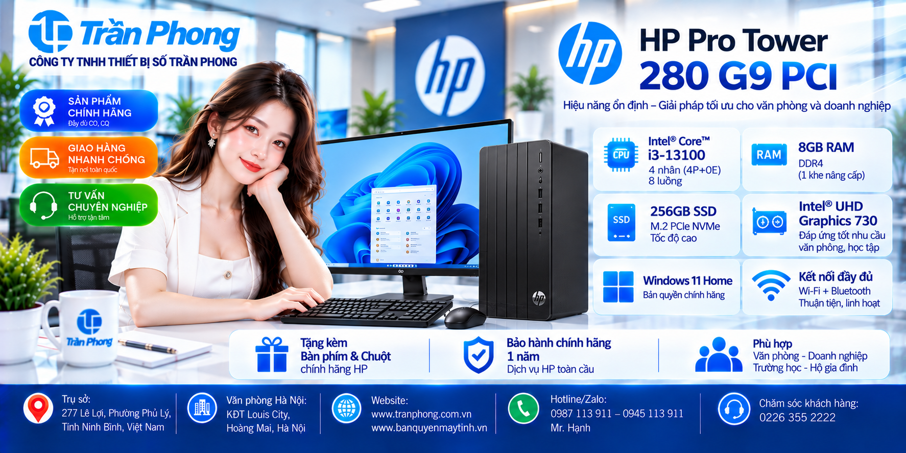 Máy tính để bàn HP Pro Tower 280 G9 PCI (Core i3-13100/ 8GB RAM/ 256GB SSD/ Win 11 Home/ 1Y)_ Đen