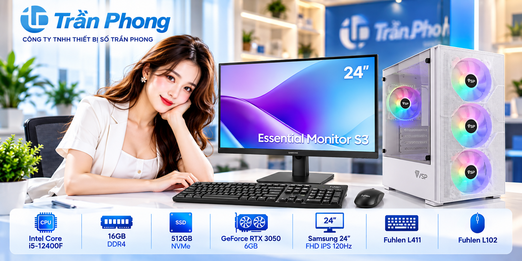 PC Gaming Trần Phong TPC-Game12400: Core I5-12400F RTX 3050 &ndash; TRỌN BỘ M&Aacute;Y T&Iacute;NH K&Egrave;M M&Agrave;N H&Igrave;NH SAMSUNG 24 INCH