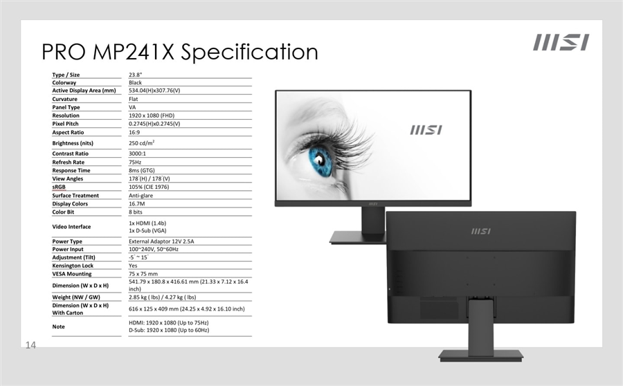 Màn hình MSI Pro MP241X (23.8inch/FHD /75Hz/ Màn F