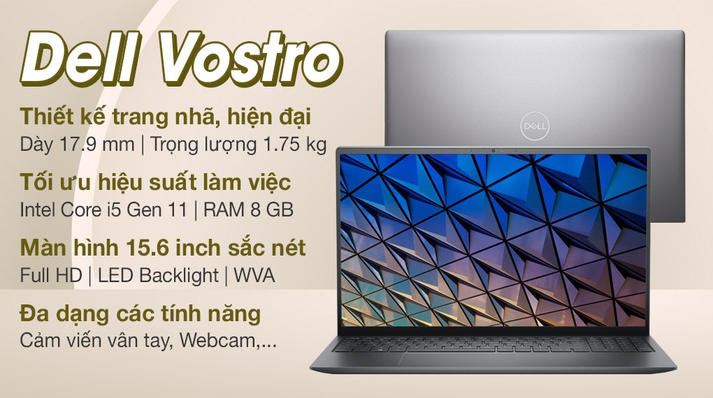 Máy tính xách tay Dell Vostro 5510,Intel Core i5- 11320H,8GB RAM,512GB SSD,15.6 FHD, Finger,WL+BT, McAfeeMDS,OfficeHS19,Win 10 Home,Grey,1Yr - Vỏ nhôm