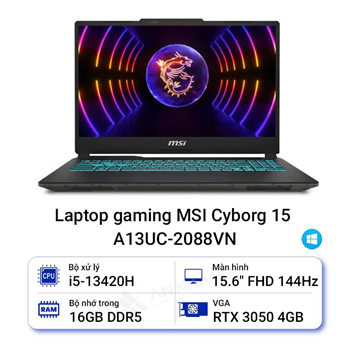 Laptop MSI Cyborg 15 A13UC-2088VN (Intel Core i5-13420H | RTX 3050 4GB GDDR6 | 15.6 inch FHD | 16GB | 512GB | Windows 11 Home | Đen)