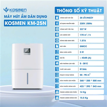 Máy hút ẩm và lọc không khí Kosmen KM-25N (Thích hợp cho không gian 55 - 95 m2 - Kết nối Wifi, điều khiển qua App trên điện thoại - Bảo hành 24 tháng tại nhà)