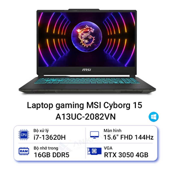 Máy tính xách tay MSI Cyborg 15 A13UC-2082VN (Intel Core i7-13620H | RTX 3050 | 15.6 inch FHD | 16GB | 512GB | Windows 11 Home | Đen)