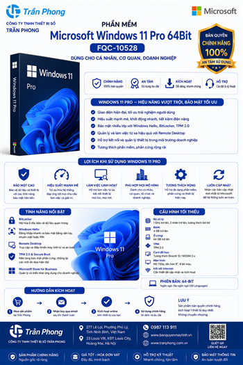 Phần mềm Microsoft Windows Pro 11 64Bit FQC-10528 - Dùng cho cá nhân, cơ quan, doanh nghiệp