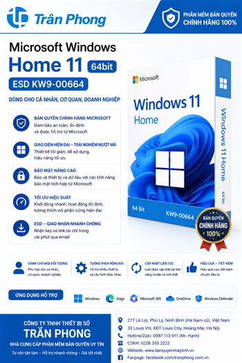 Phần mềm Microsoft Windows Home 11 64bit ESD KW9-00664 - Dùng cho cá nhân, cơ quan, doanh nghiệp - Thay đổi được các máy