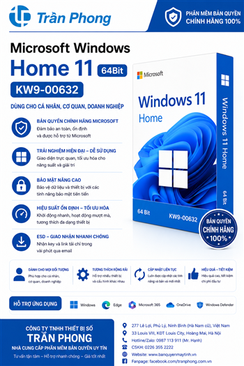Phần mềm Microsoft Windows Home 11 64Bit KW9-00632 - Dùng cho cá nhân, cơ quan, doanh nghiệp, không đổi được máy