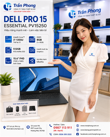 Máy tính xách tay Dell PRO 15 Essential PV15250 (Intel Core i7-1355U, DDR5 8GB, 512GB SSD, 15.6 FHD, UBUNTU Black)