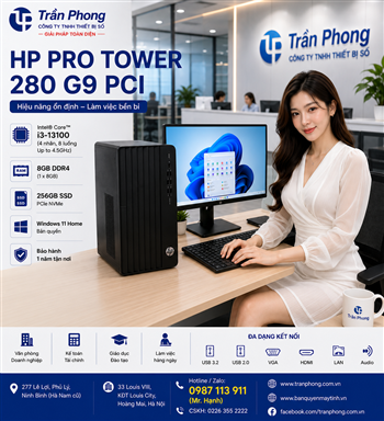 Máy tính để bàn HP Pro Tower 280 G9 PCI (Core i3-13100/ 8GB RAM/ 256GB SSD/ Win 11 Home/ 1Y)_ Đen