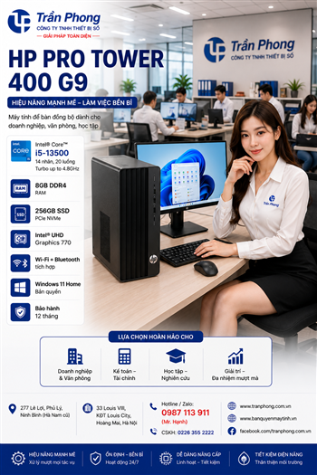Máy tính để bàn đồng bộ HP Pro Tower 400 G9 (i5-13500 | 8GB | 256GB SSD | WL + BT | K+M | Intel UHD 770 | Windows 11 Home - BG8Q1AT )