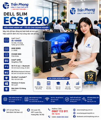 Máy tính để bàn Dell Slim ECS1250, i5-14400, 8GB RAM, 512GB SSD, Intel UHD Graphics 730, ax+BT, KB, M, McAfee LS, Win 11 Home, 1Y WTY