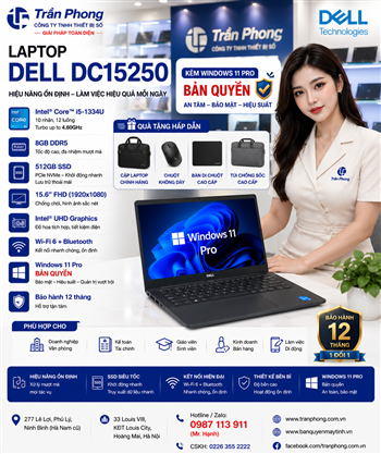 Máy tính xách tay Dell DC15250 Core™ i5-1334U, Ram 8GB, SSD 512GB, 15.6 FHD, Windows 11 Pro bản quyền vĩnh viễn